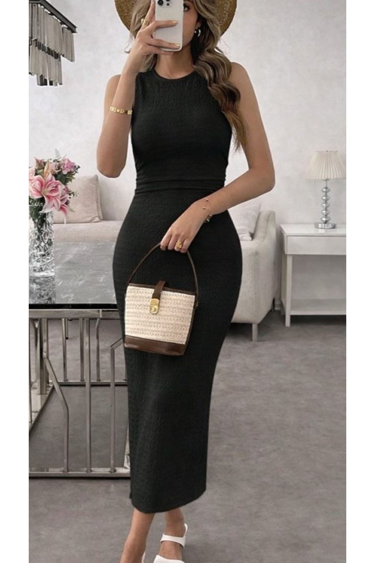 Kadın Askılı Bisiklet Yaka Beli Büzgülü Uzun Bürümcük Elbise