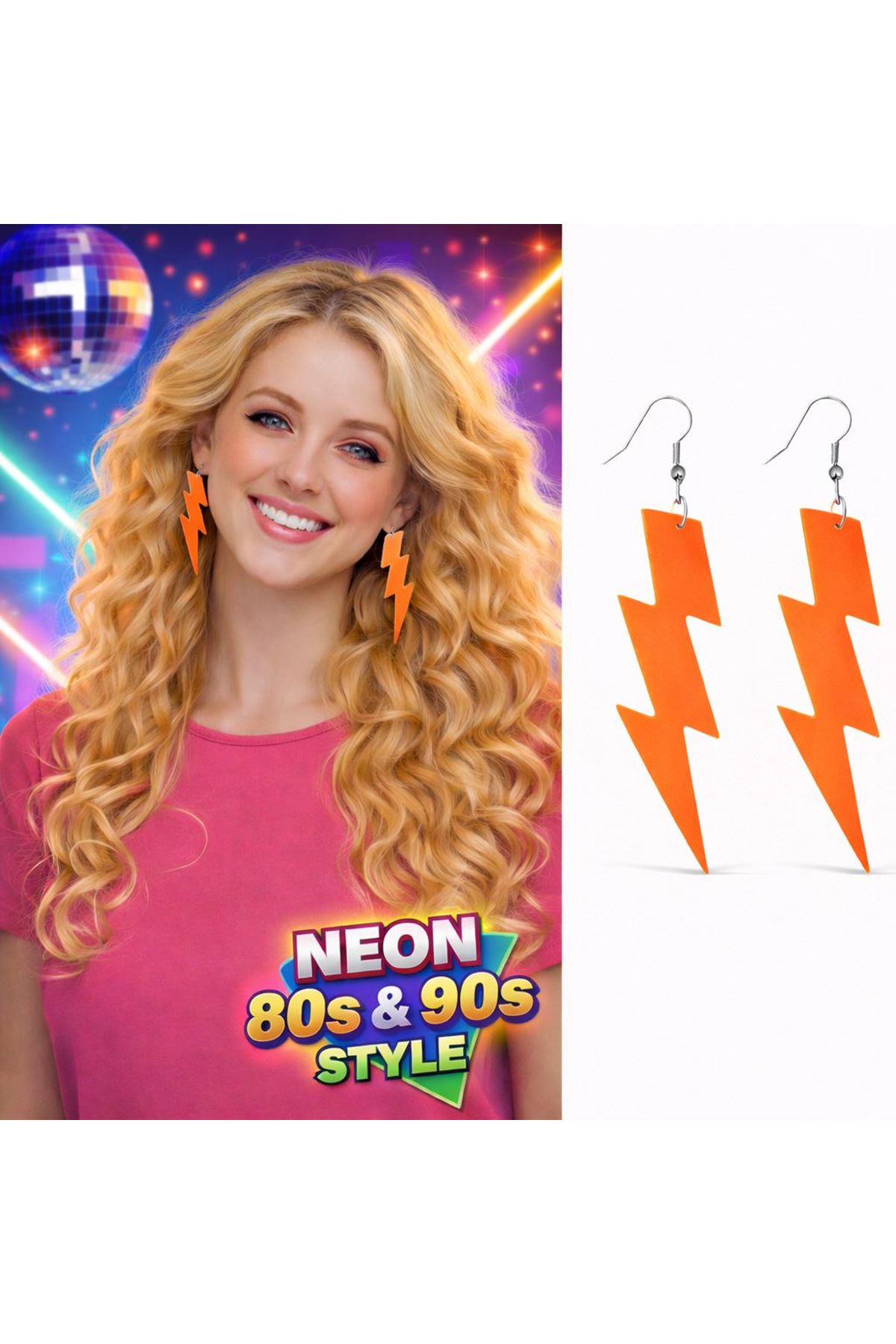 80’ler 90'lar Retro Neon Turuncu Şimşek Küpe 10 cm