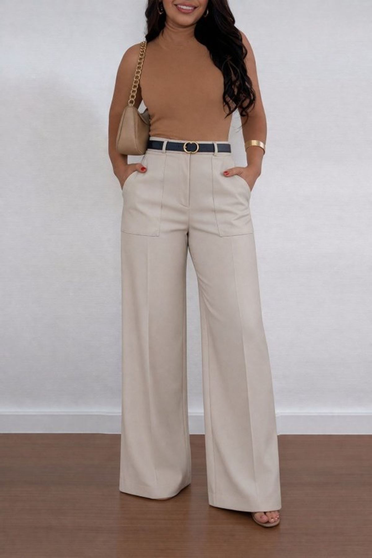 Kadın Yüksek Bel Geniş Paça Detaylı Cepli Ithal Krep Pantolon