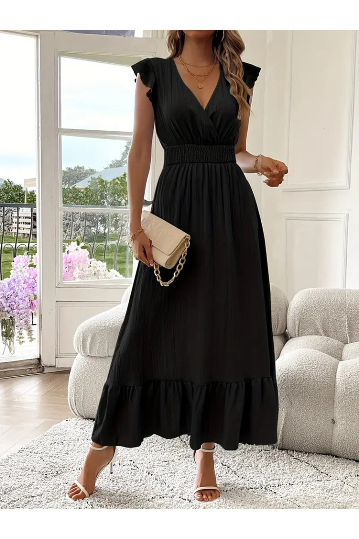 Kadın Kısa Kollu Kruvaze Yakalı Beli Lastikli Müslim Elbise