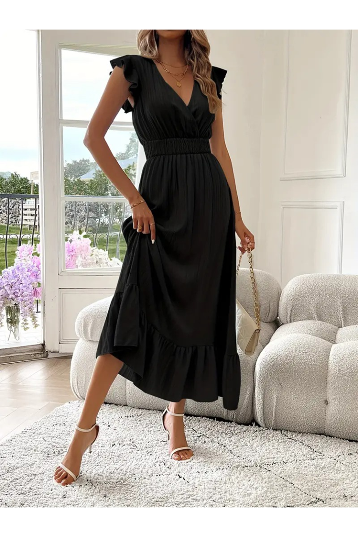 Kadın Kısa Kollu Kruvaze Yakalı Beli Lastikli Müslim Elbise