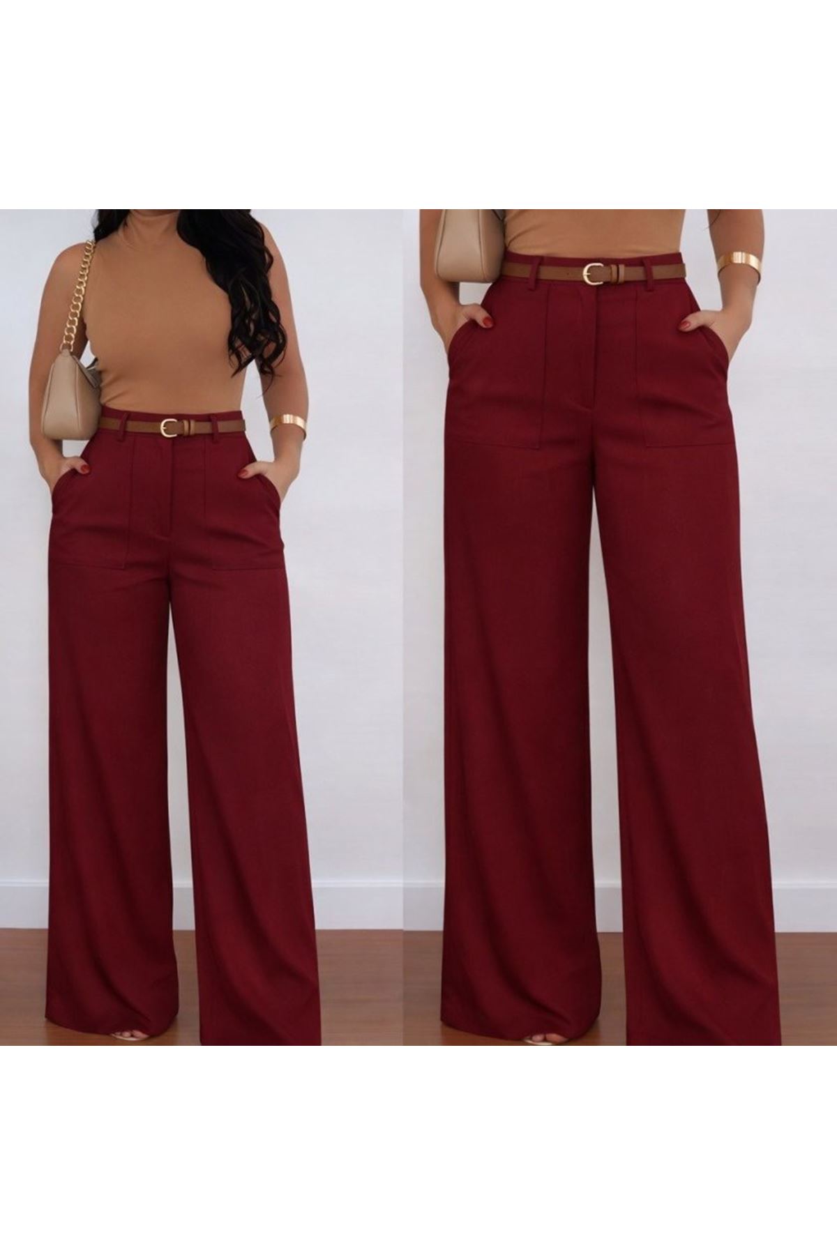 Kadın Yüksek Bel Geniş Paça Detaylı Cepli Ithal Krep Pantolon