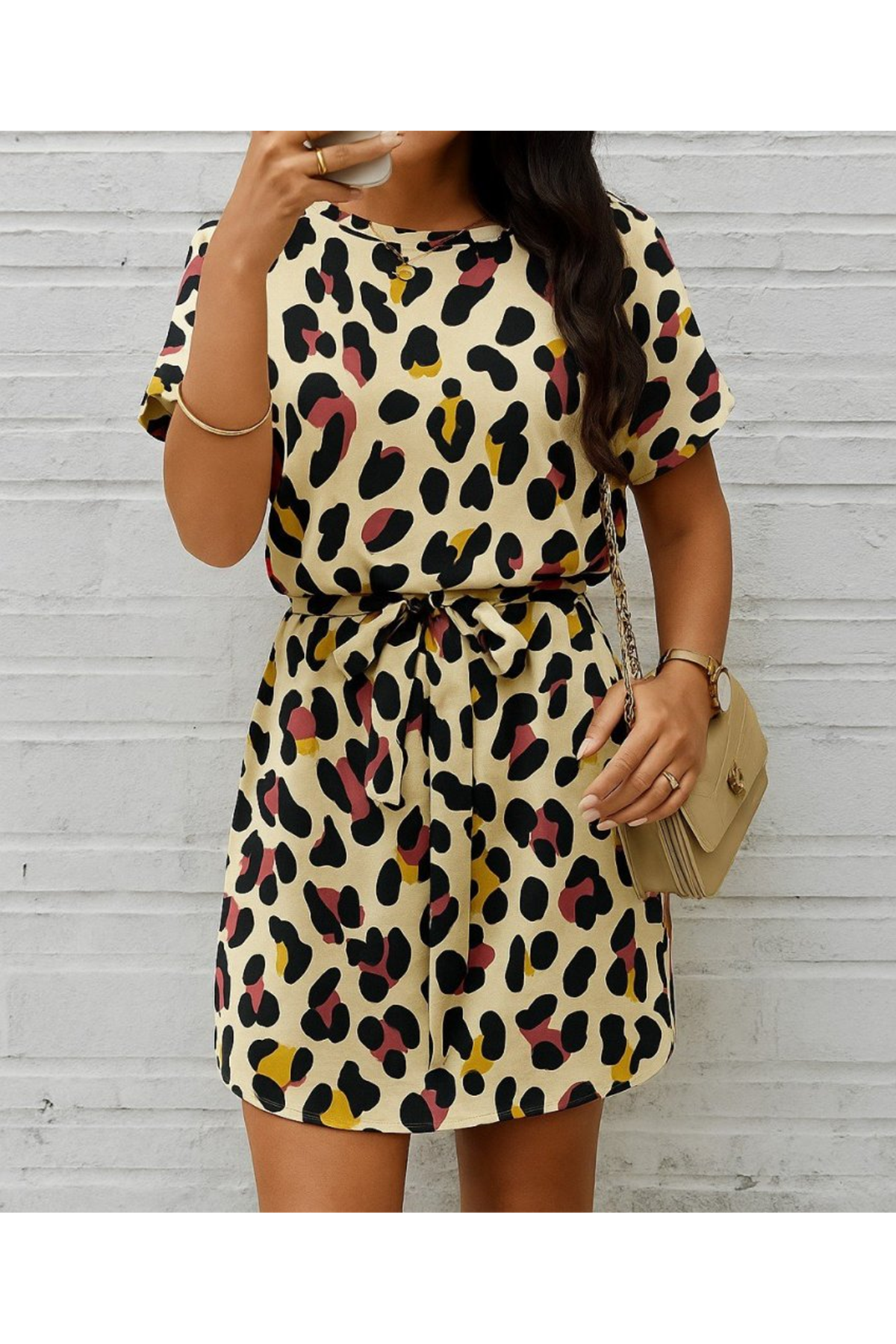 Kadın Kısa Kollu Yuvarlak Yaka Beli Kuşaklı Geometrik Desenli Süprem Elbise