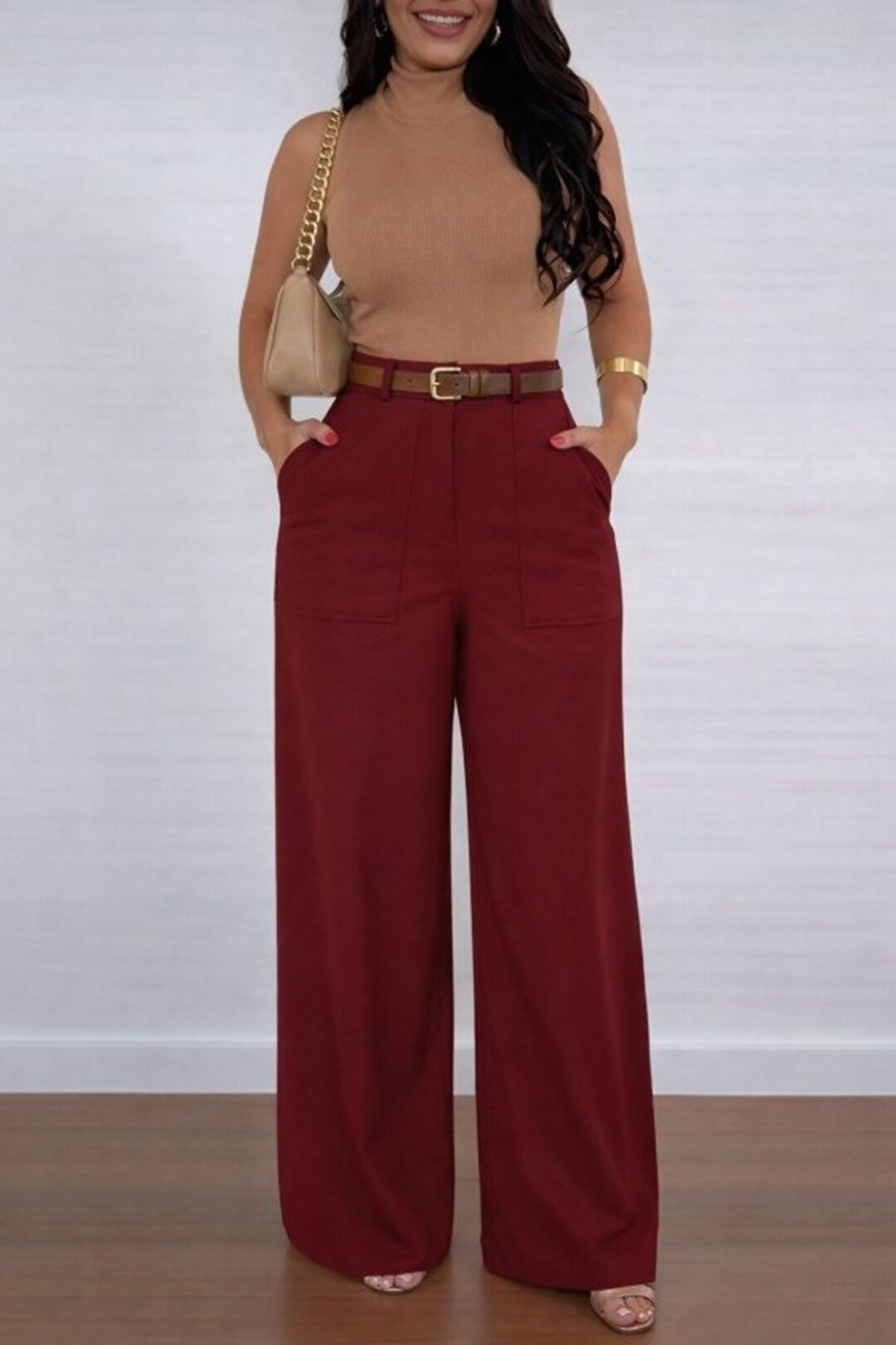 Kadın Yüksek Bel Geniş Paça Detaylı Cepli Ithal Krep Pantolon