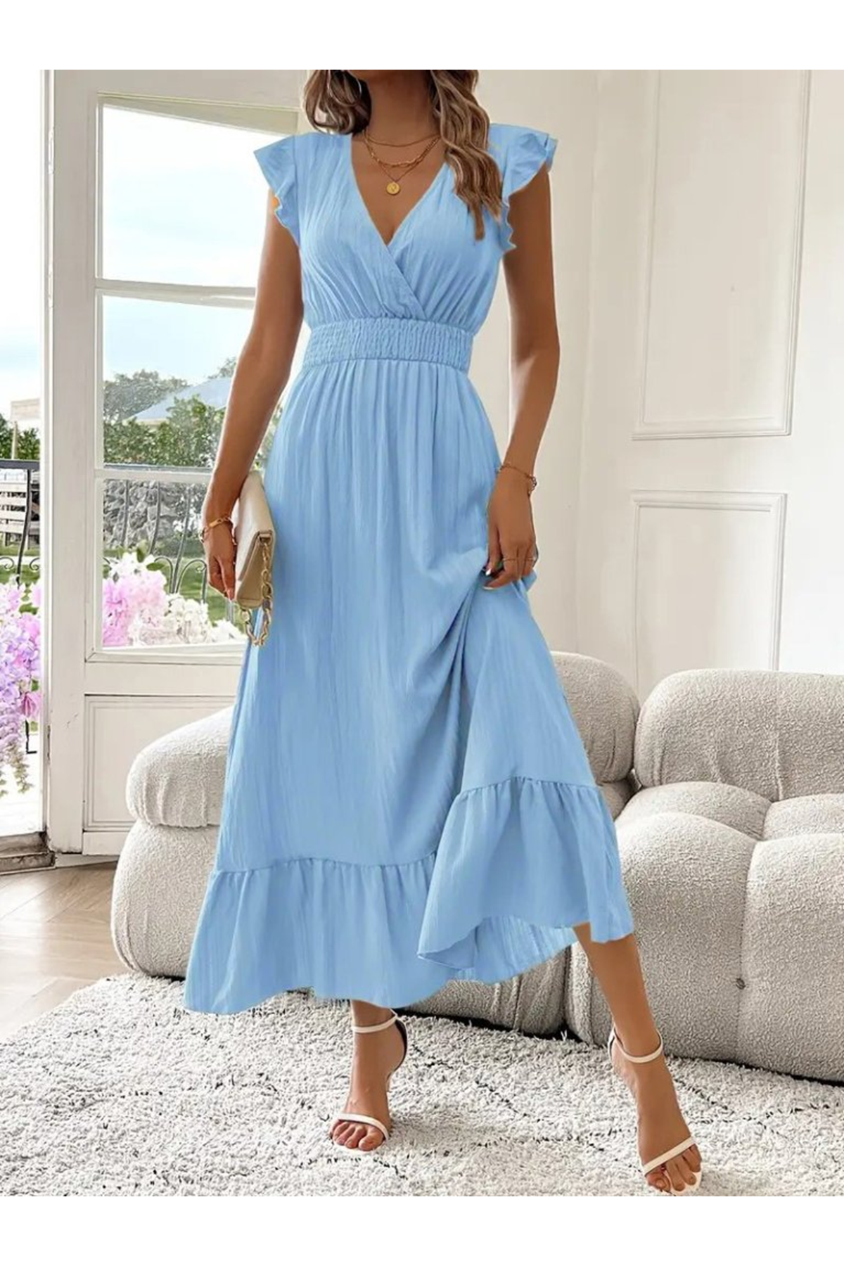 Kadın Kısa Kollu Kruvaze Yakalı Beli Lastikli Müslim Elbise