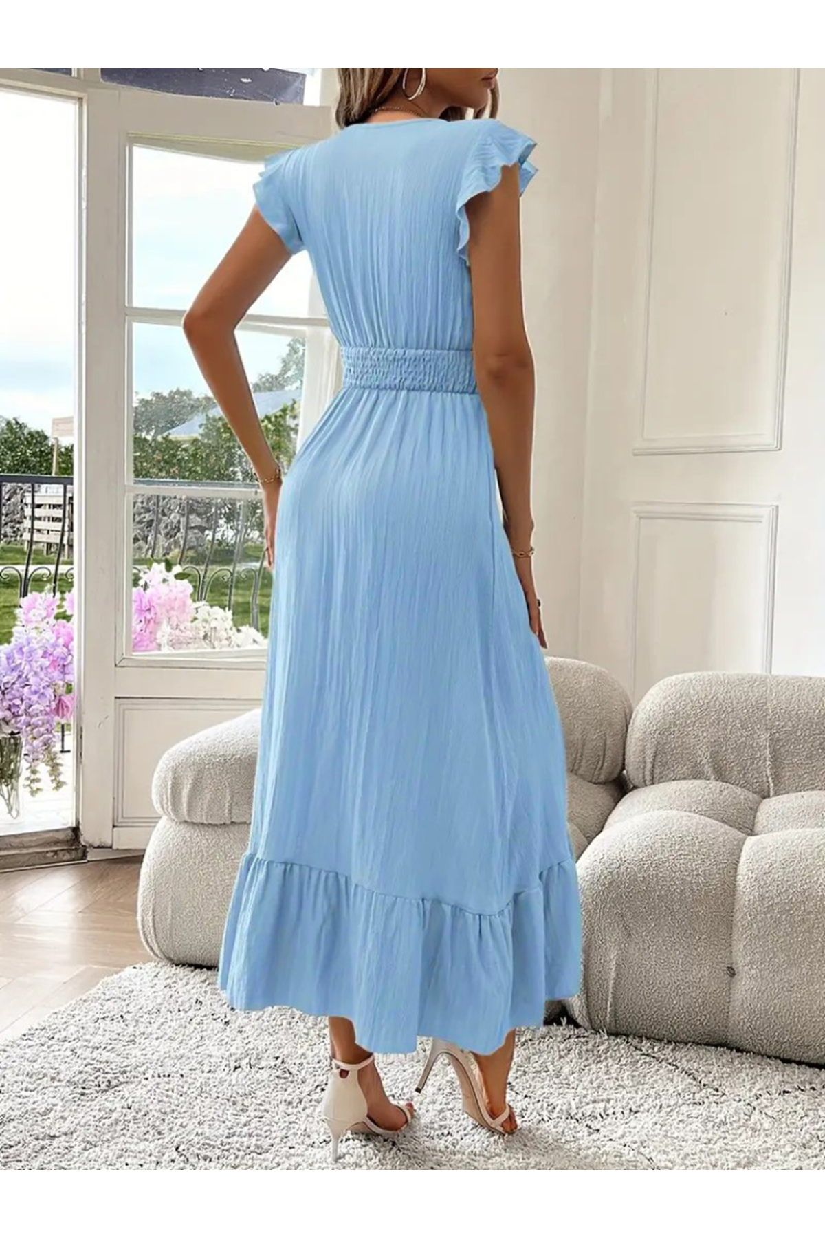 Kadın Kısa Kollu Kruvaze Yakalı Beli Lastikli Müslim Elbise