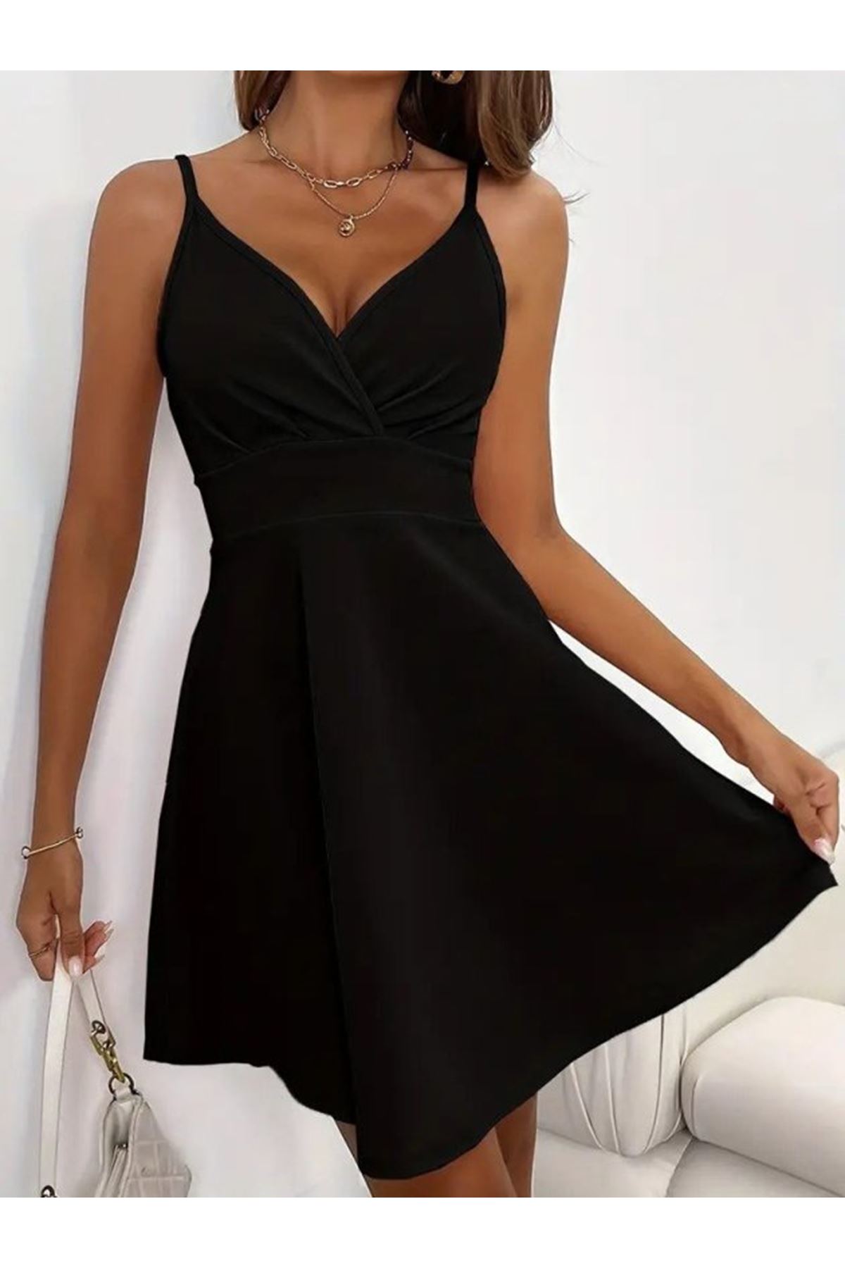 Kadın Ip Askılı Kruvaze Yakalı Kısa ıthal Krep Elbise