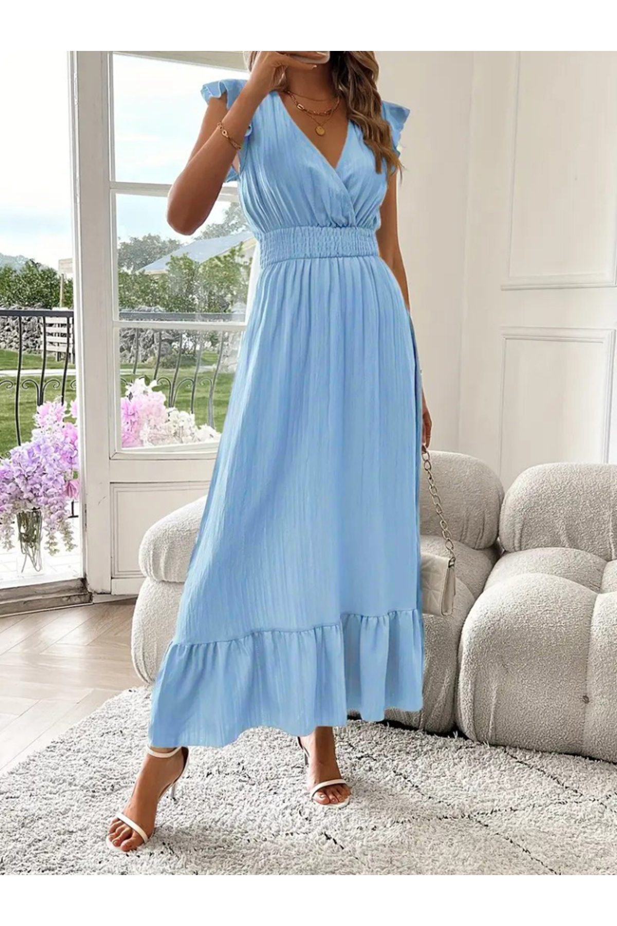 Kadın Kısa Kollu Kruvaze Yakalı Beli Lastikli Müslim Elbise