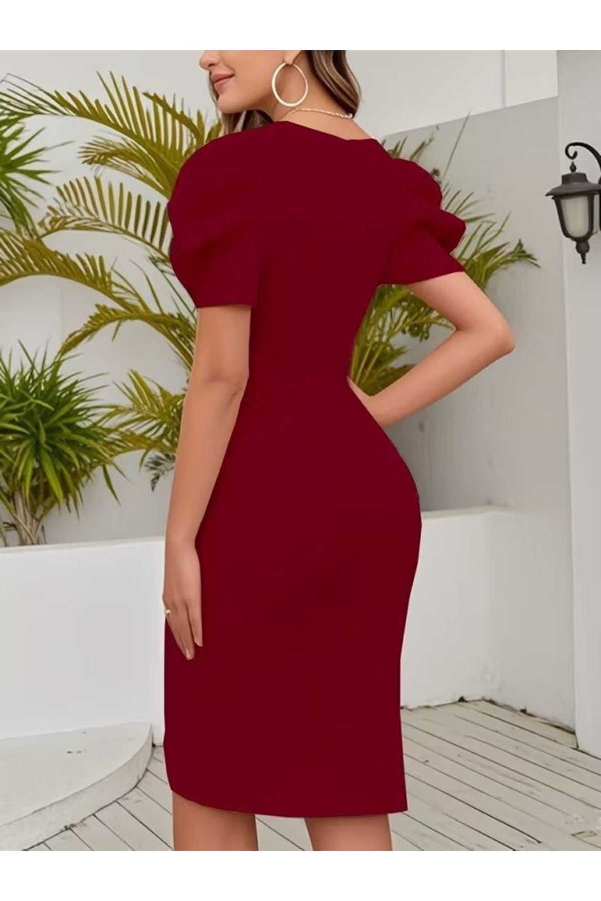 Kadın Kısa Kollu Kruvaze Yakalı Asımetrık Kesım Detaylı Kısa Ithal Krep Elbise