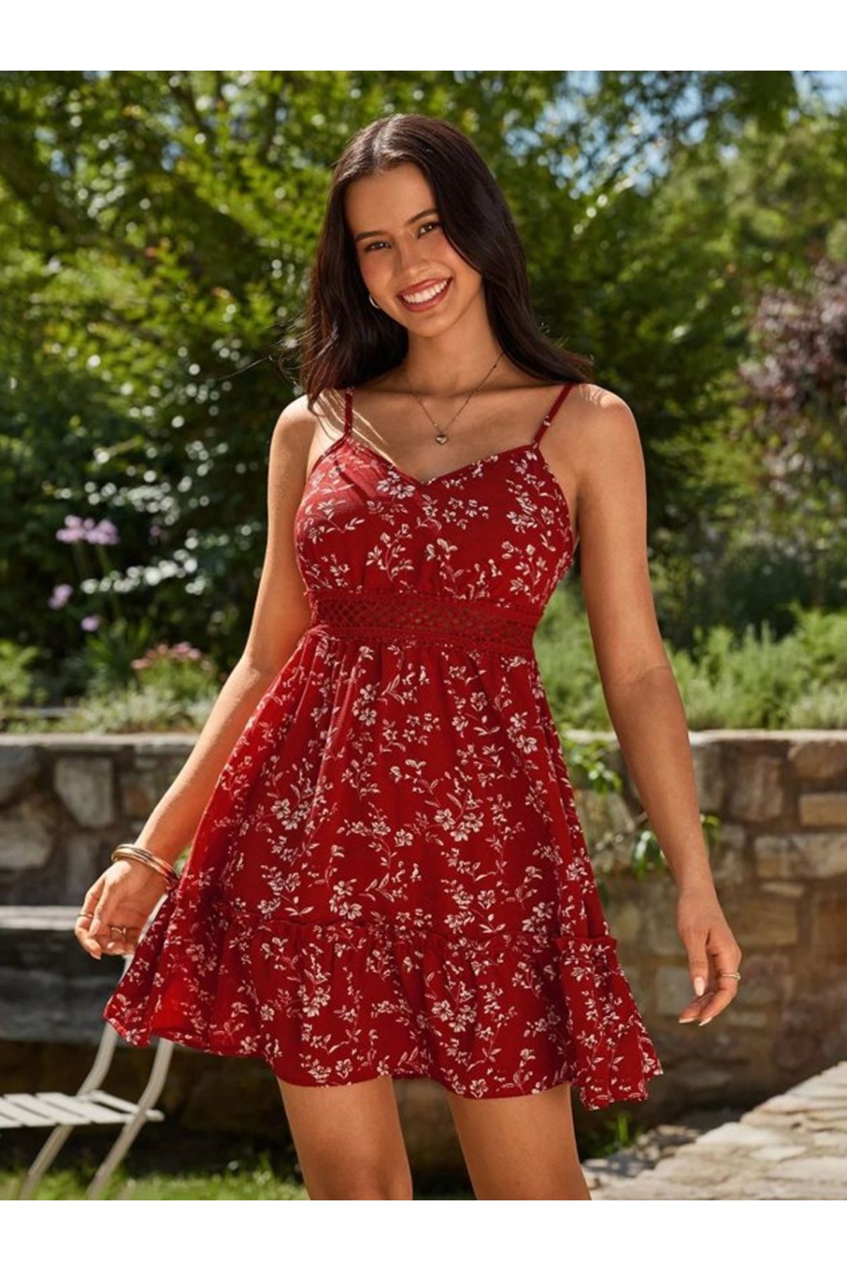 Kadın Ip Askılı V Yakalı Kısa Desenli Süprem Elbise