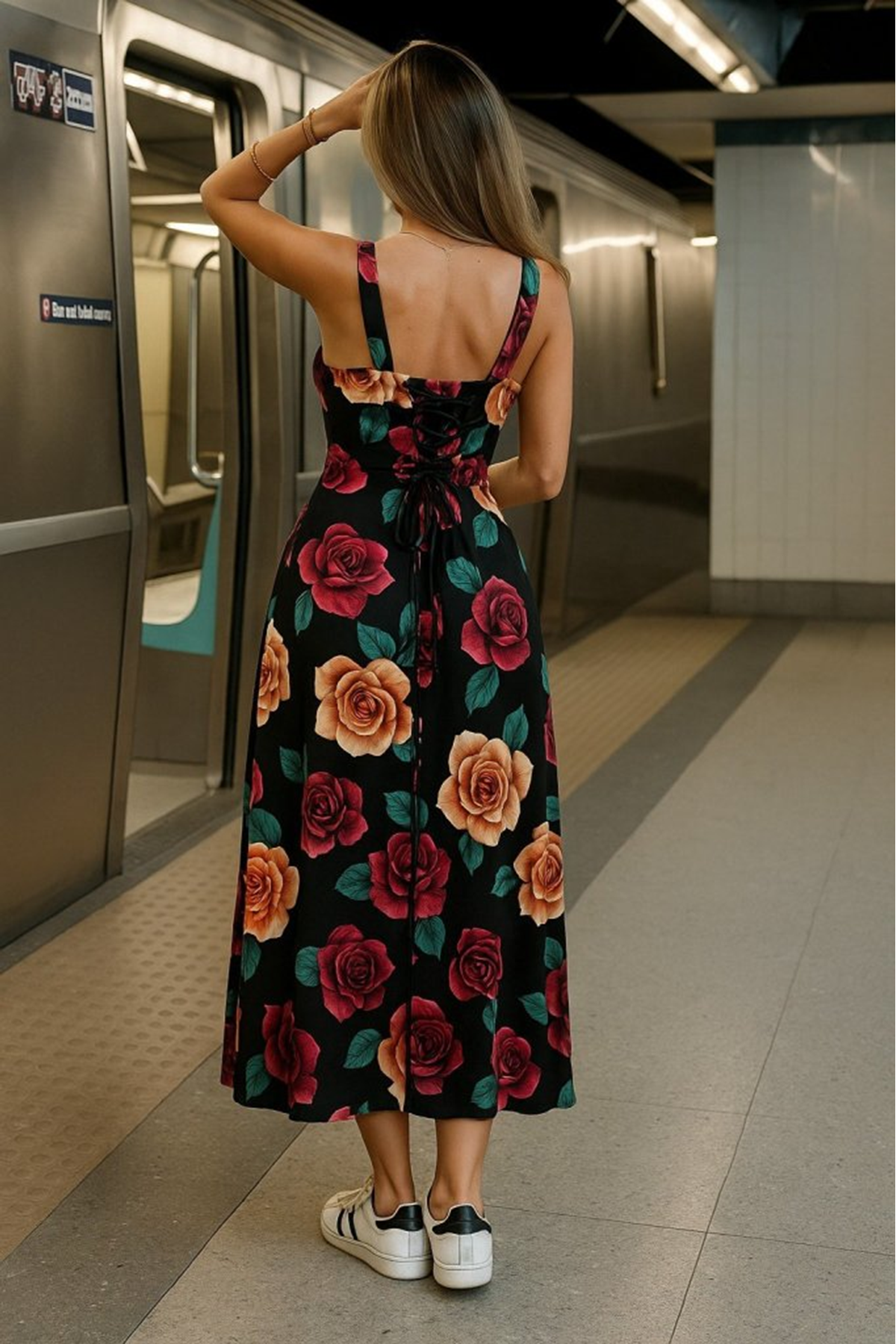 Kadın Askılı Geniş V Yakalı Sırttan Bağlamalı Yırtmaçlı Süprem Elbise