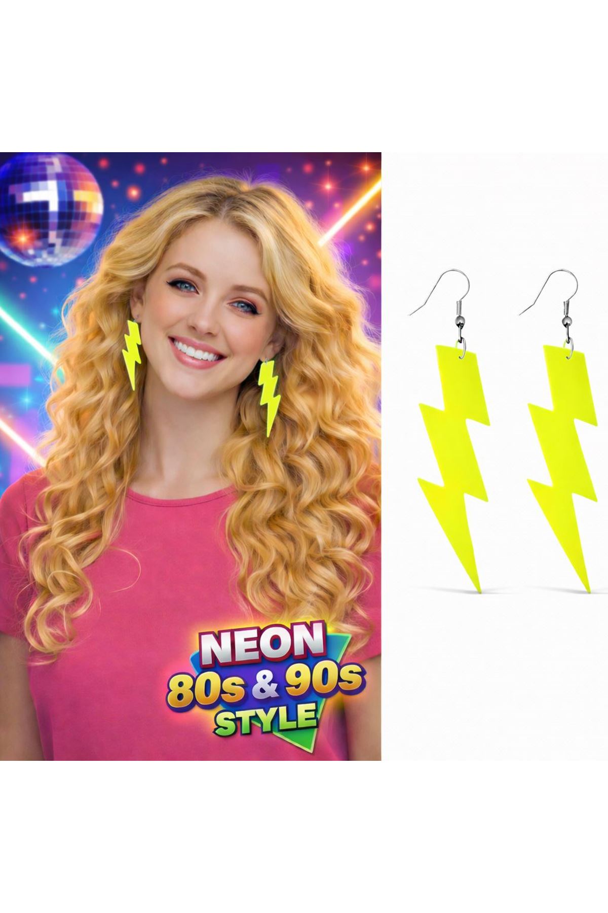 80’ler 90'lar Retro Neon Sarı Şimşek Küpe 10 cm