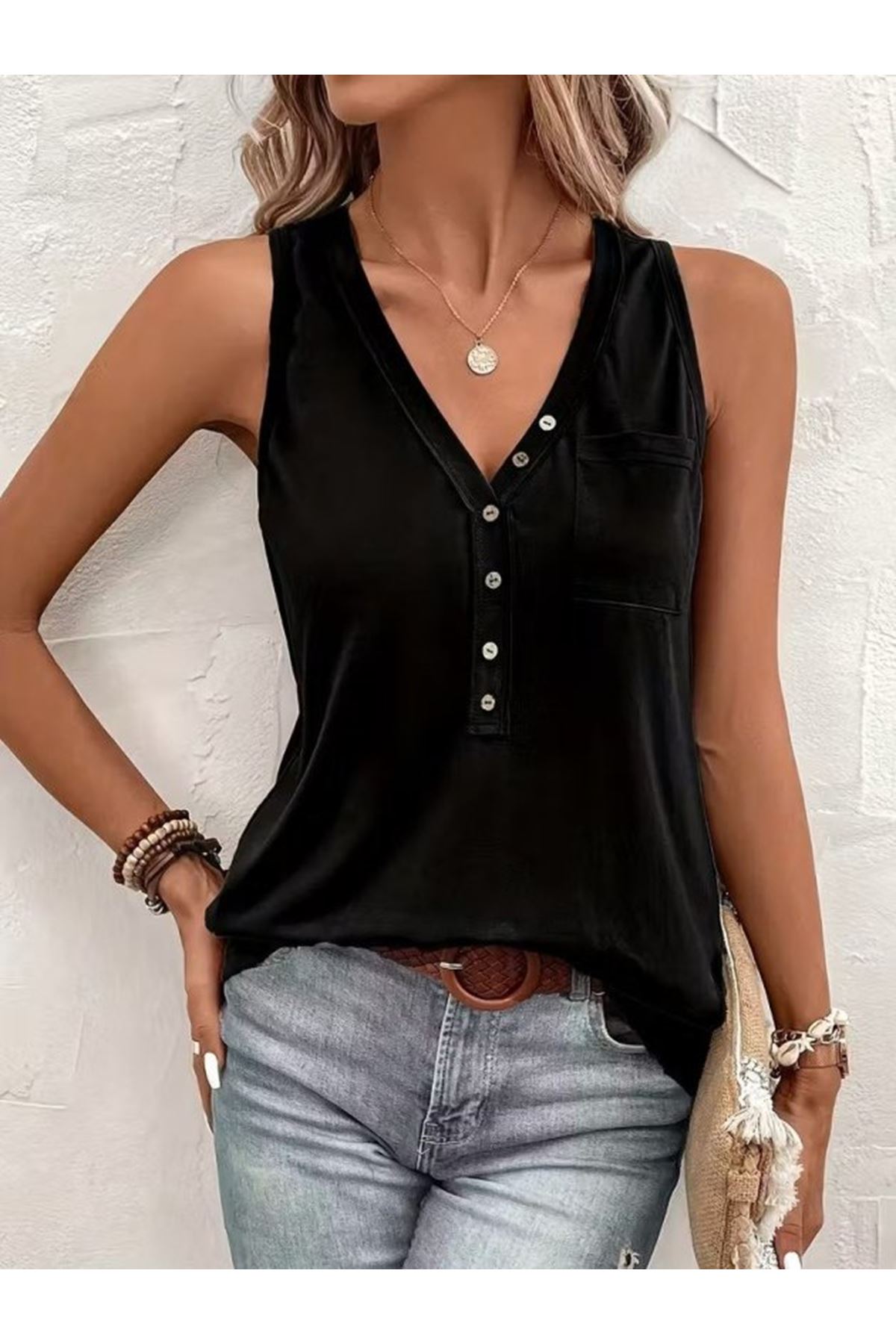 Kadın Askılı önden Düğmeli Viskon Bluz