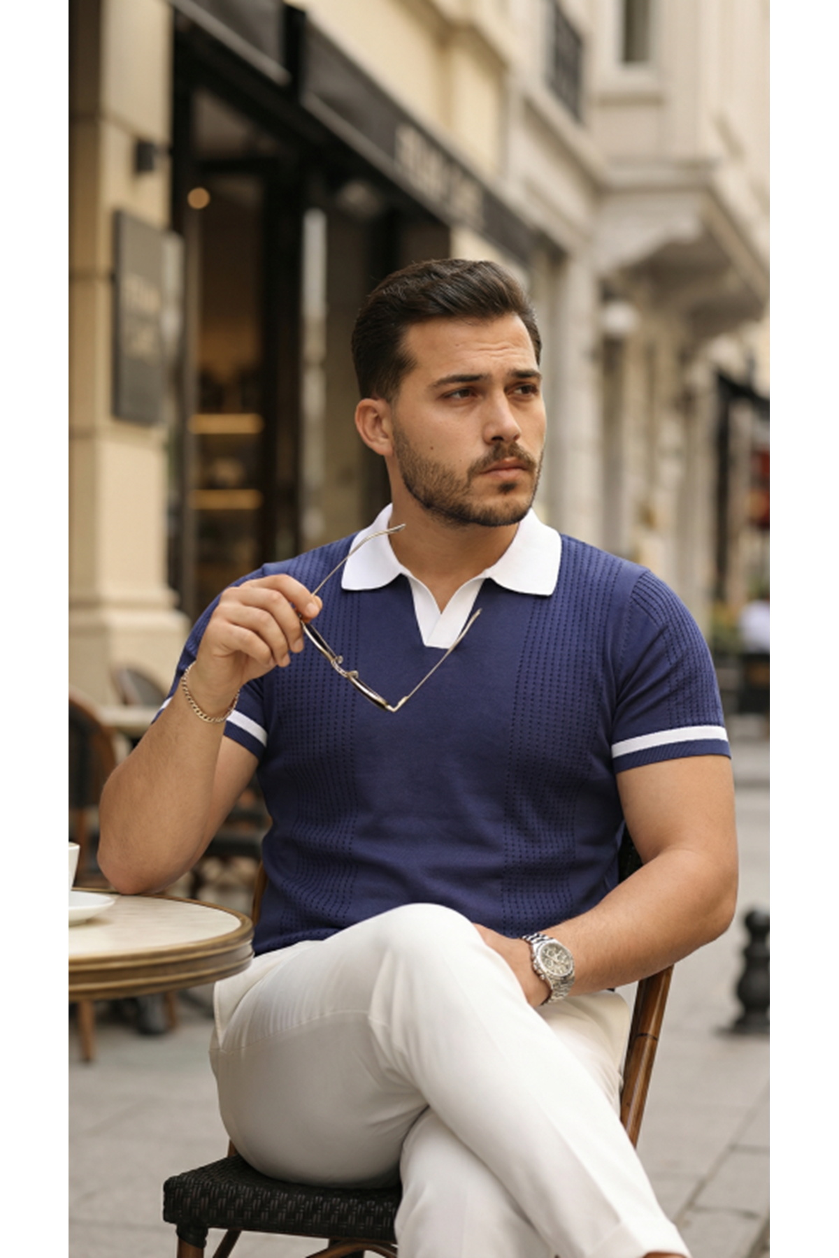 Erkek Renkli Yakalı File Desenli Kısa Kollu Tişört