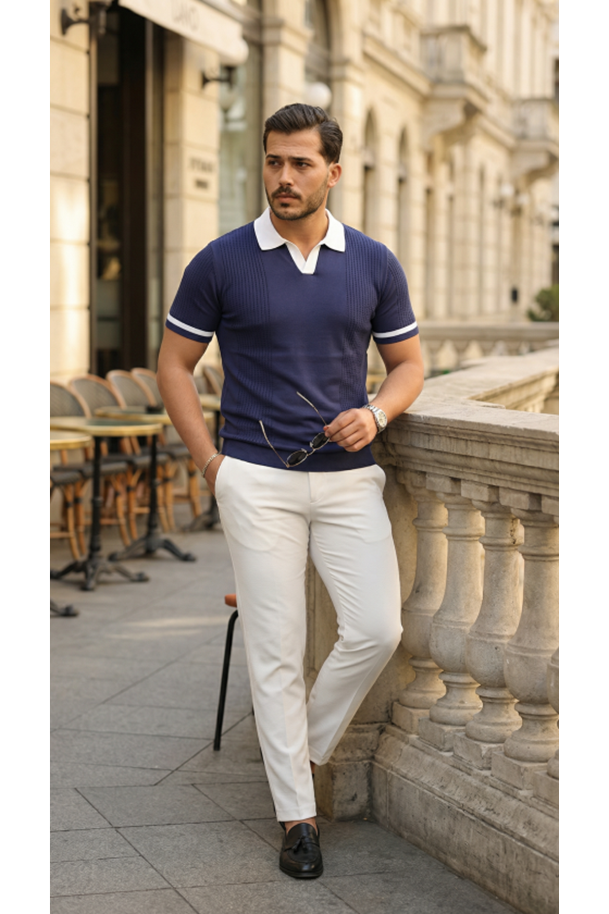 Erkek Renkli Yakalı File Desenli Kısa Kollu Tişört