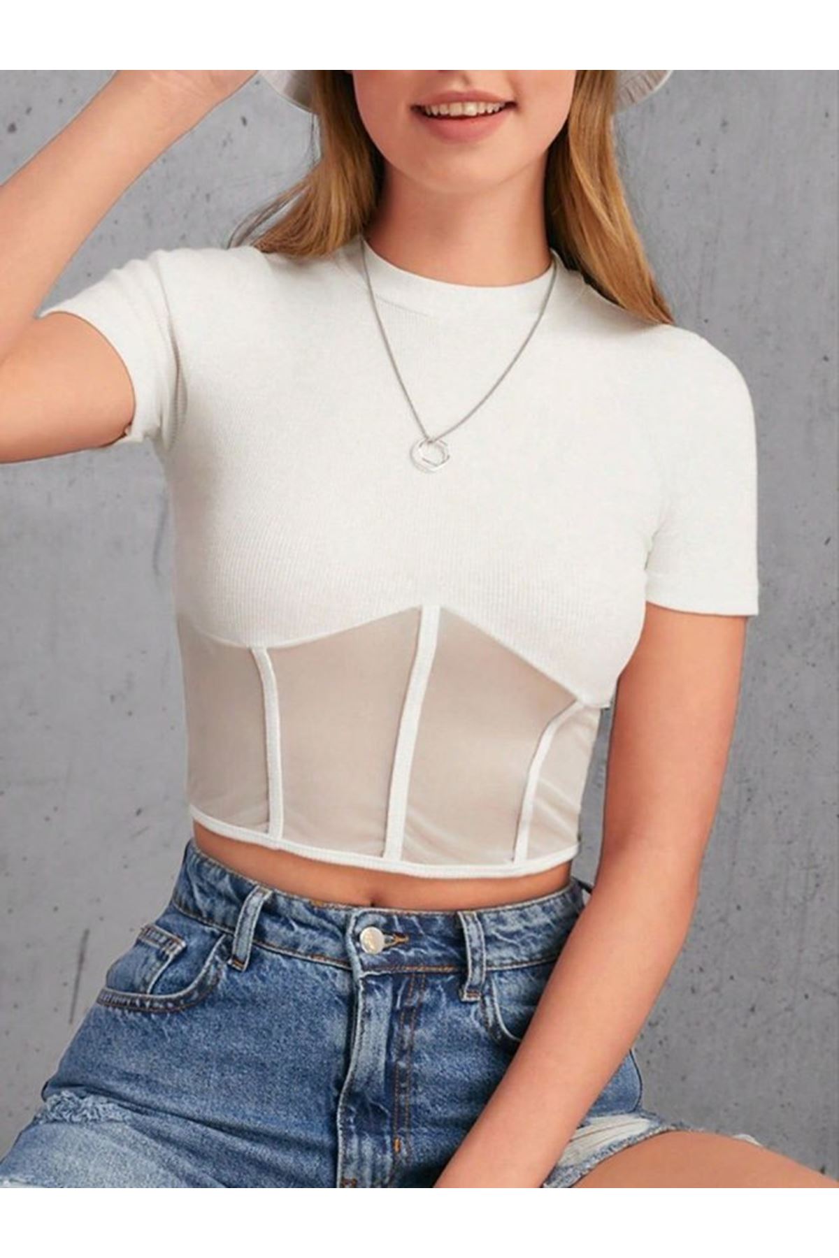 Kadın Transparan Detay Kısa Kol Kaşkorse Bluz