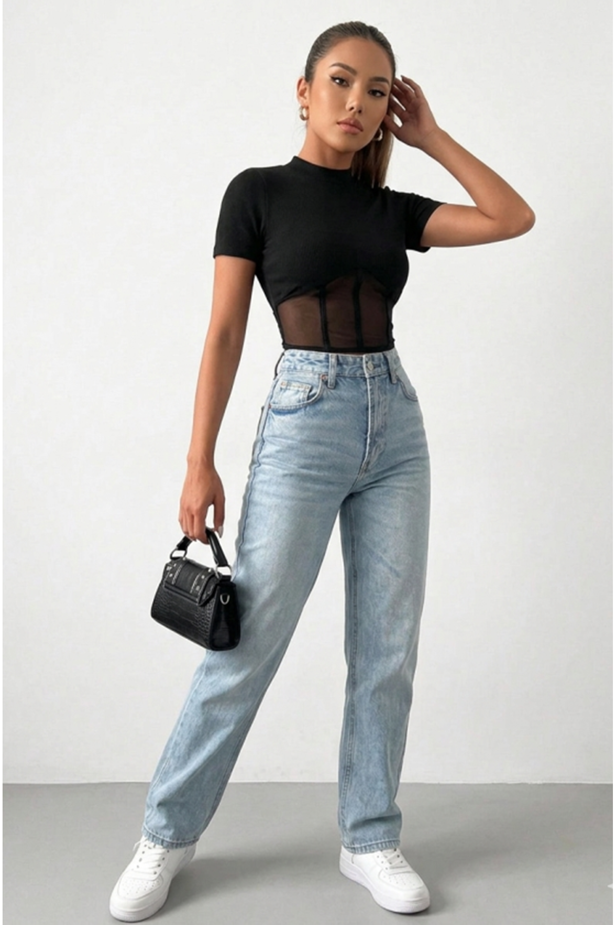 Kadın Transparan Detay Kısa Kol Kaşkorse Bluz