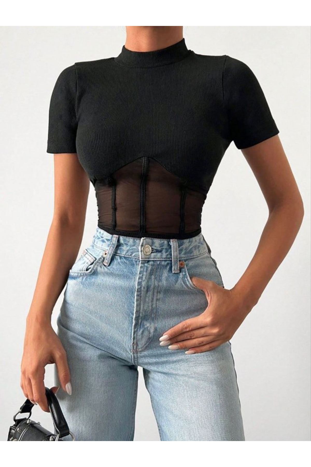 Kadın Transparan Detay Kısa Kol Kaşkorse Bluz