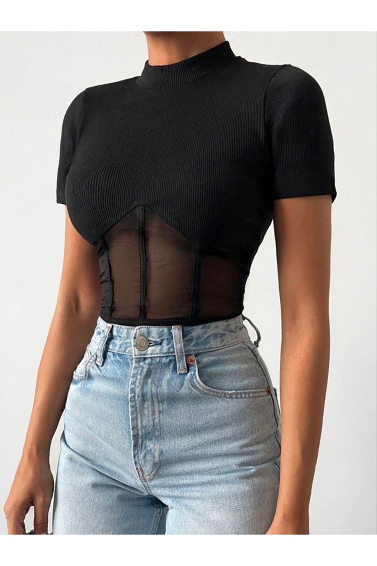 Kadın Transparan Detay Kısa Kol Kaşkorse Bluz