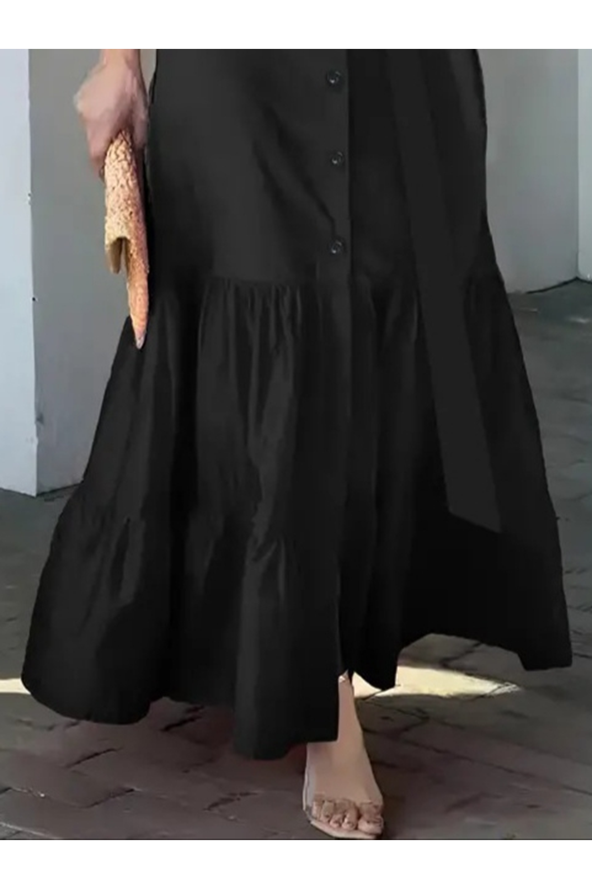 Kadın Uzun Kollu Eteği Fırfırlı Beli Kuşaklı Trikoton Tam Boy Gömlek Elbise