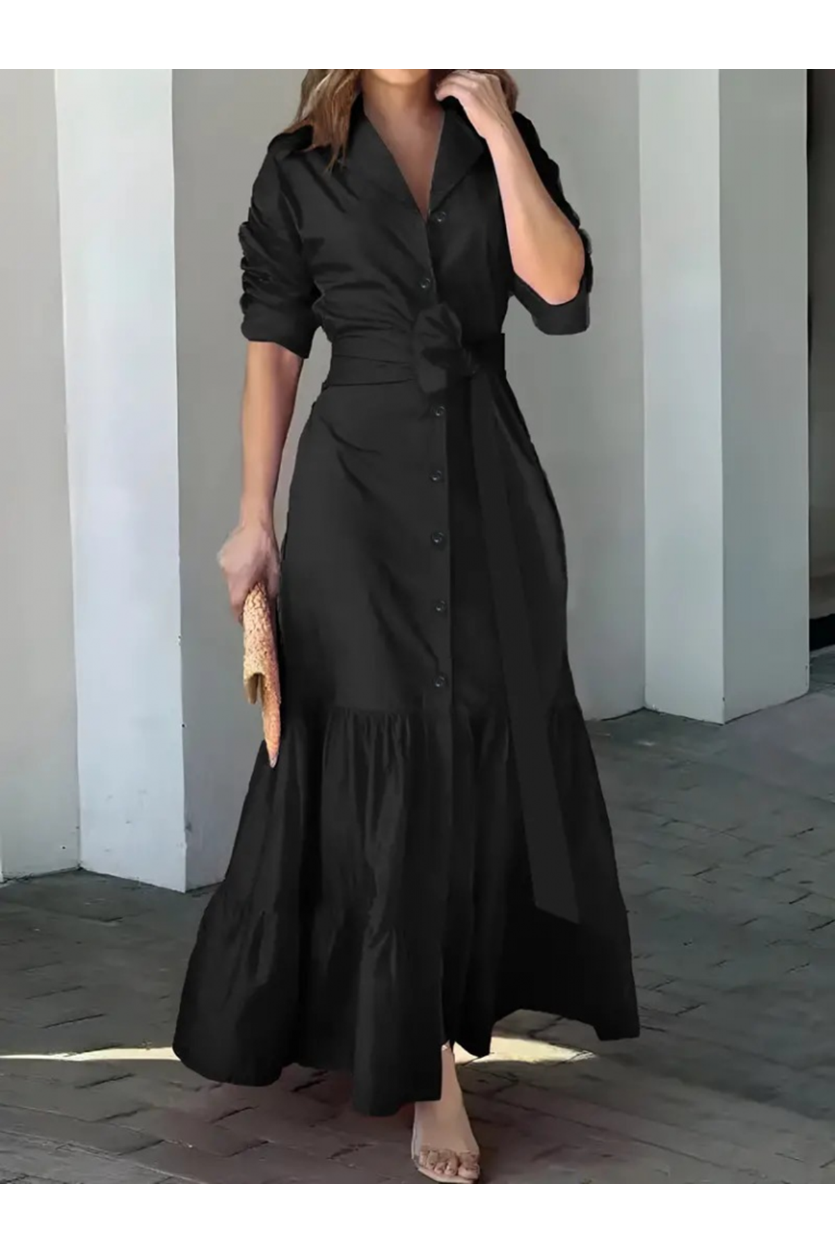 Kadın Uzun Kollu Eteği Fırfırlı Beli Kuşaklı Trikoton Tam Boy Gömlek Elbise