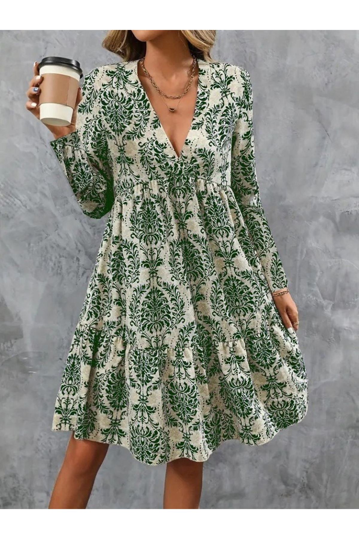 Kadın Uzun Kollu V Yakalı Fırfırlı Mini Süprem Elbise