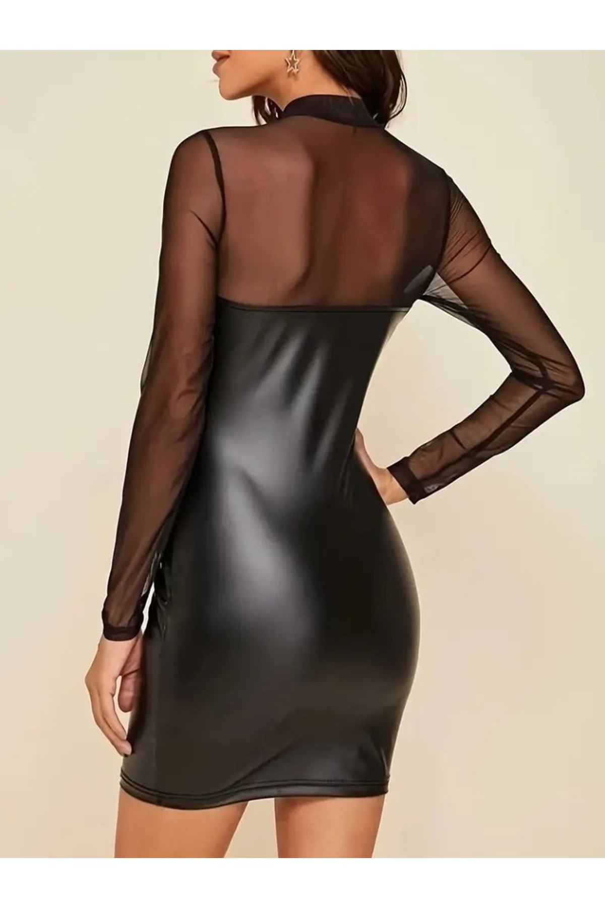 Kadın Uzun Kollu Balıkçı Yaka Tül Detaylı Mini Deri Elbise