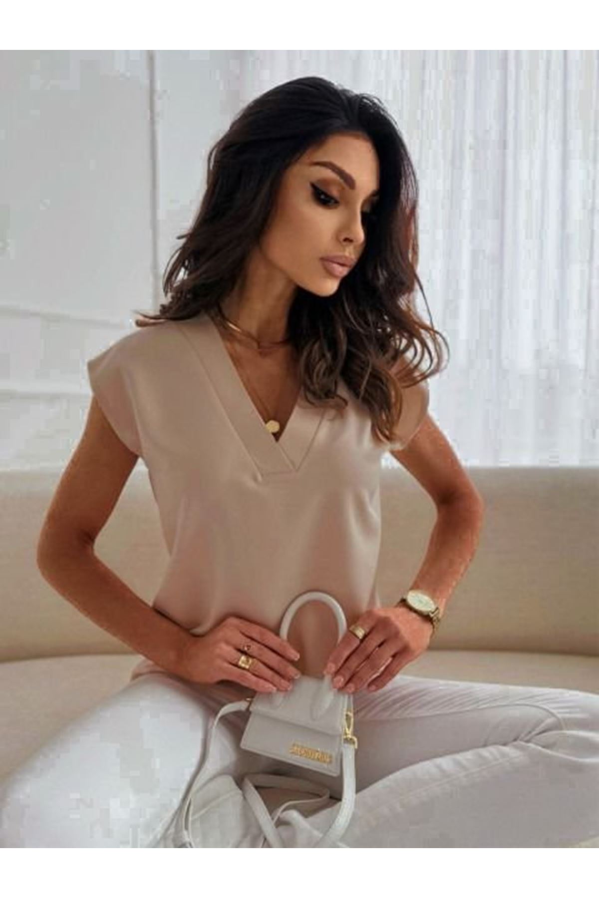 Kadın V Yaka Dokuma Viskon Kumaş Bluz