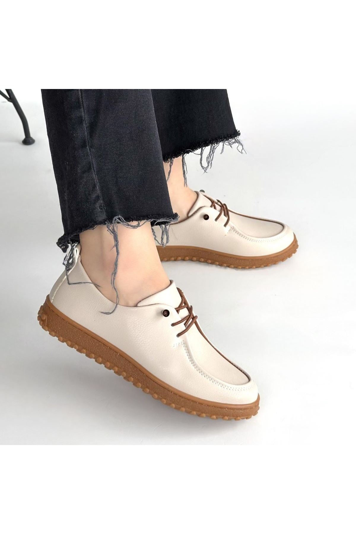 Guot Bej Cilt Bağcıklı Babet Ayakkabı