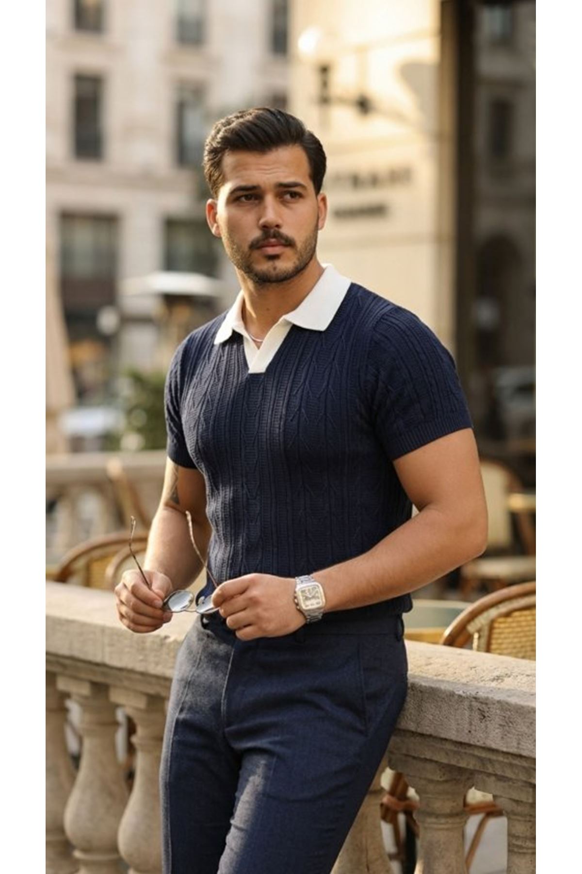 Erkek Desenli Kısa Kollu Triko Tişört - %100 Pamuk Akrilik