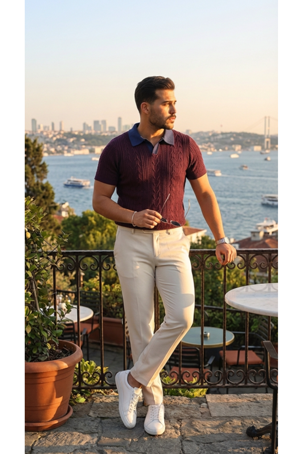 Erkek Desenli Kısa Kollu Triko Tişört - %100 Pamuk Akrilik