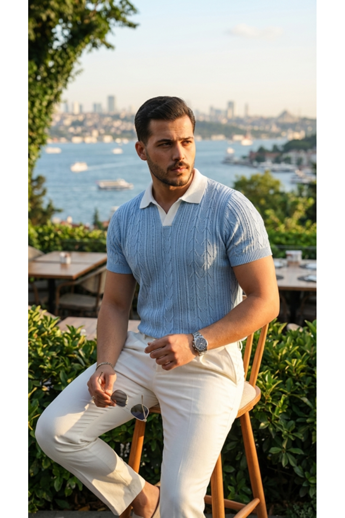 Erkek Desenli Kısa Kollu Triko Tişört - %100 Pamuk Akrilik