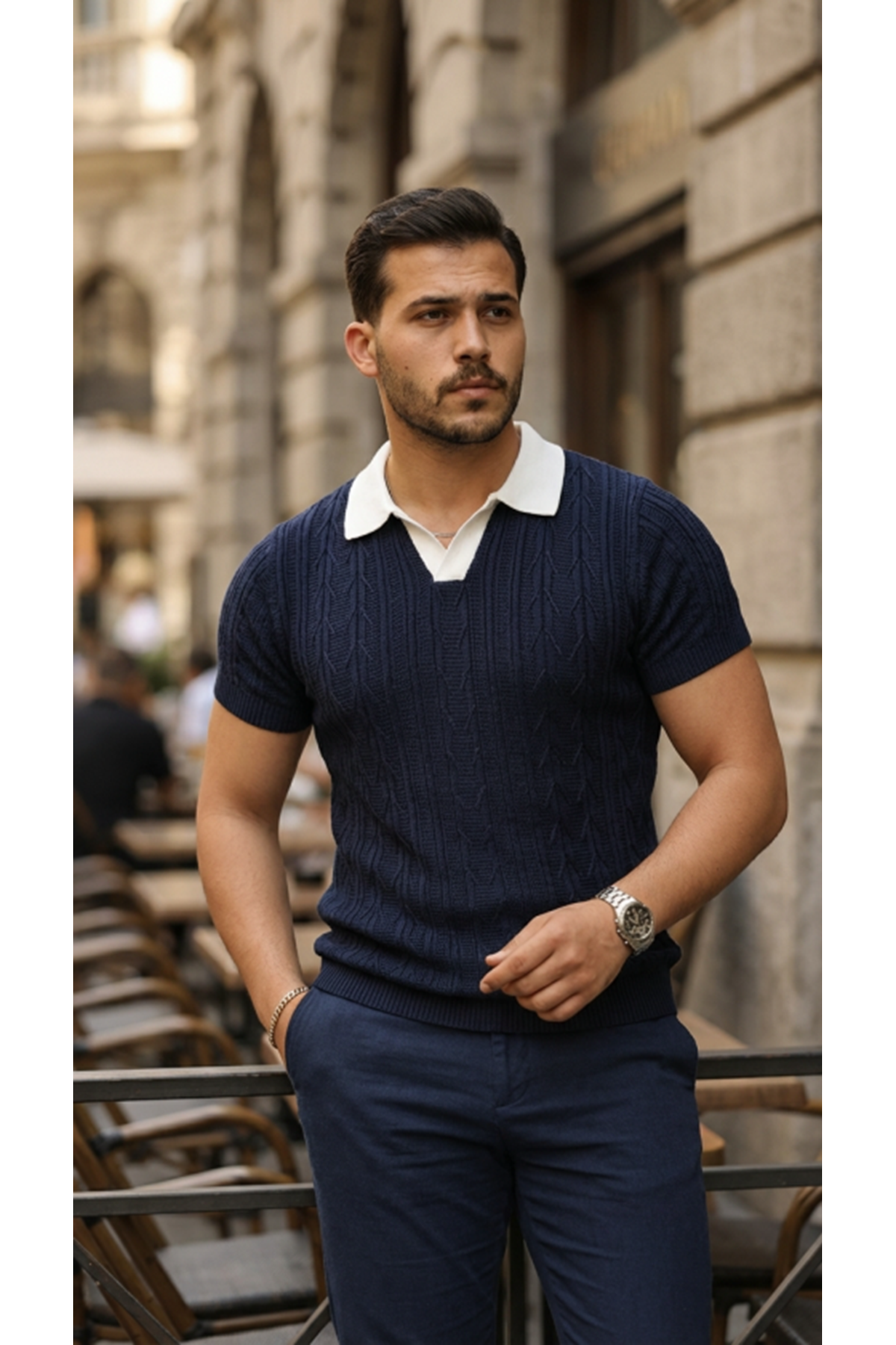 Erkek Desenli Kısa Kollu Triko Tişört - %100 Pamuk Akrilik