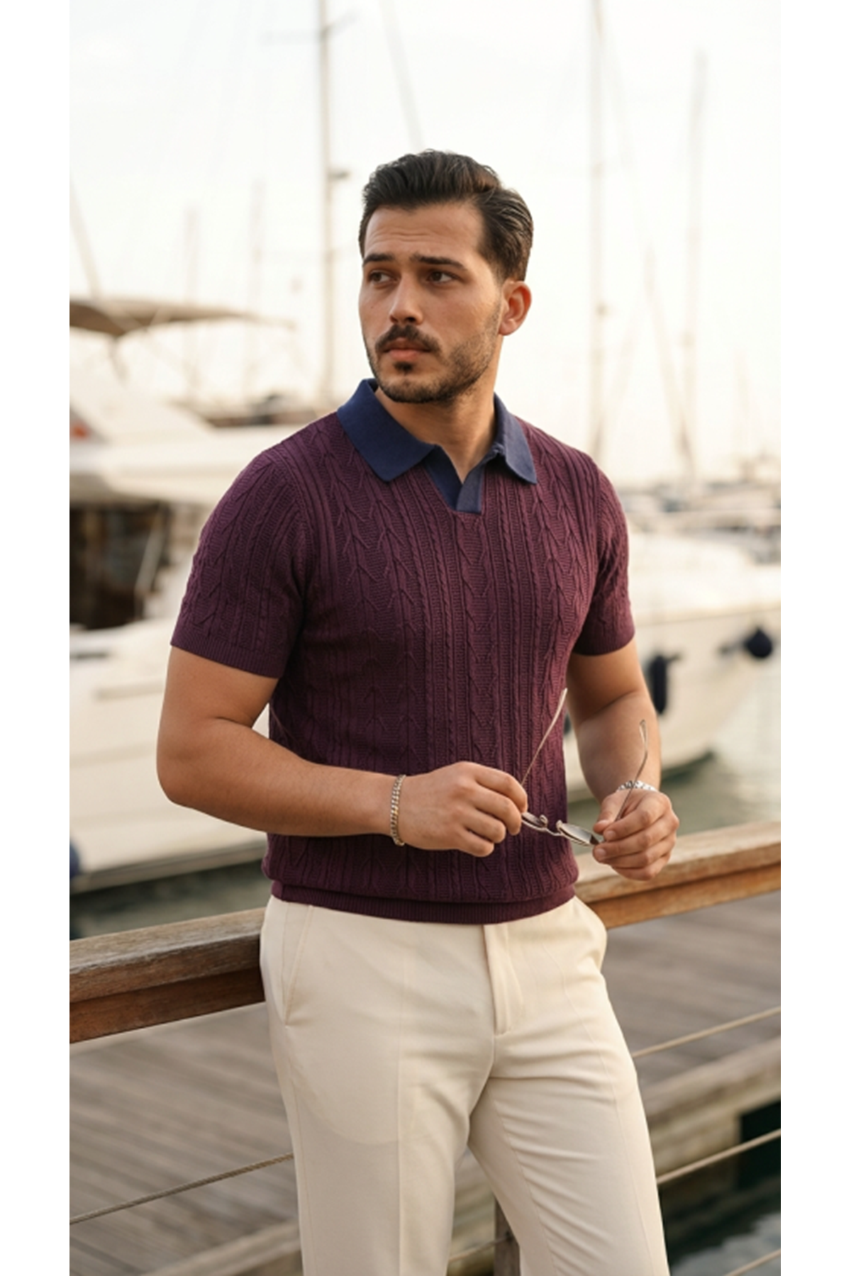 Erkek Desenli Kısa Kollu Triko Tişört - %100 Pamuk Akrilik