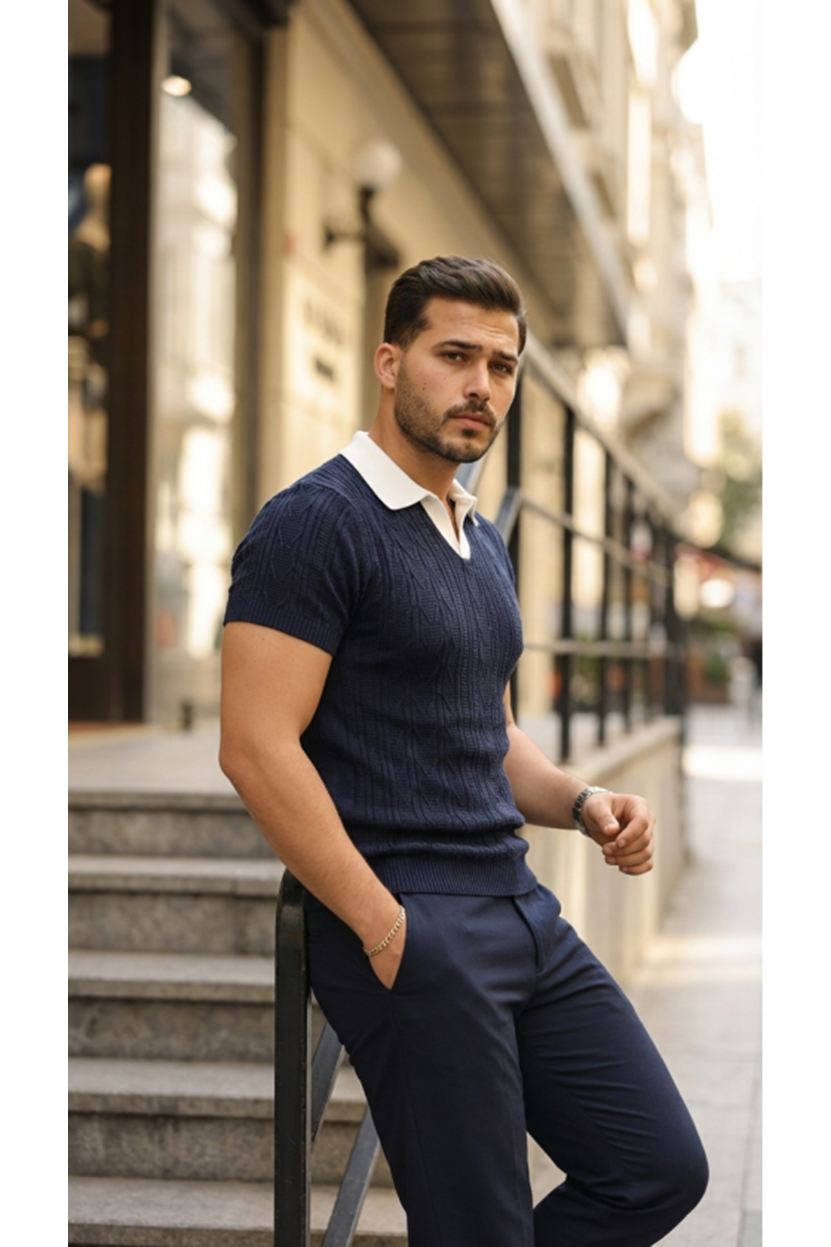 Erkek Desenli Kısa Kollu Triko Tişört - %100 Pamuk Akrilik