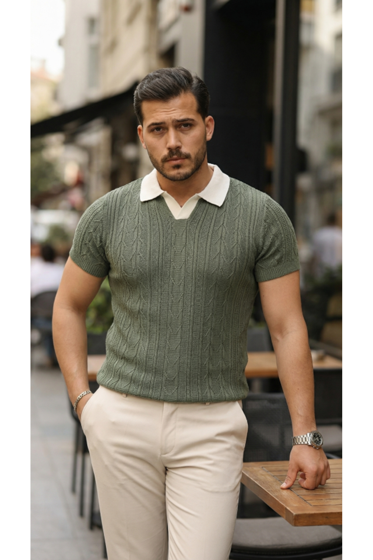 Erkek Desenli Kısa Kollu Triko Tişört - %100 Pamuk Akrilik