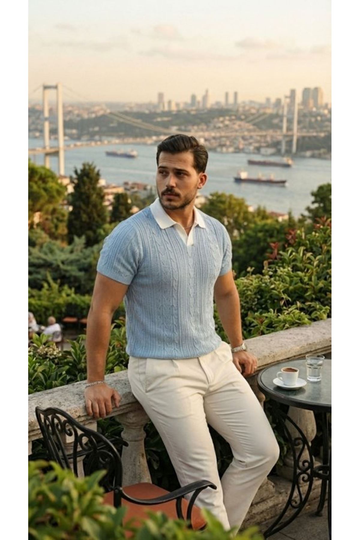 Erkek Desenli Kısa Kollu Triko Tişört - %100 Pamuk Akrilik