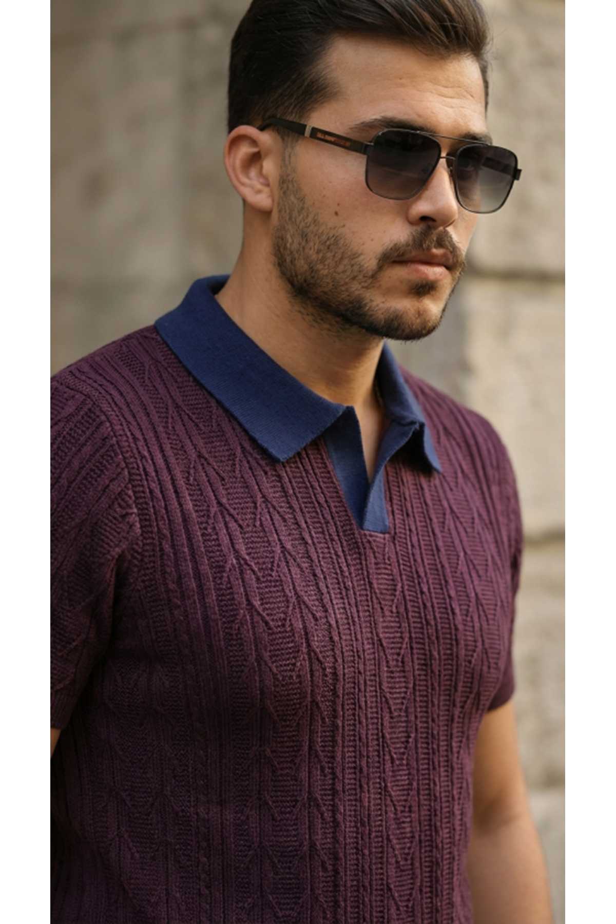 Erkek Desenli Kısa Kollu Triko Tişört - %100 Pamuk Akrilik