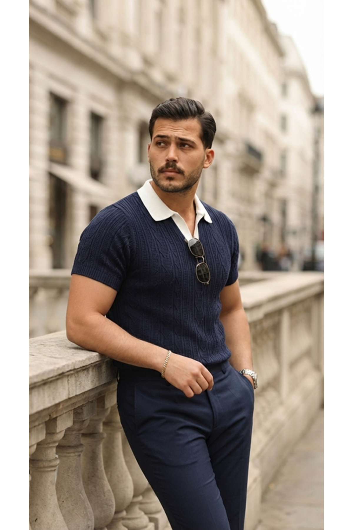 Erkek Desenli Kısa Kollu Triko Tişört - %100 Pamuk Akrilik