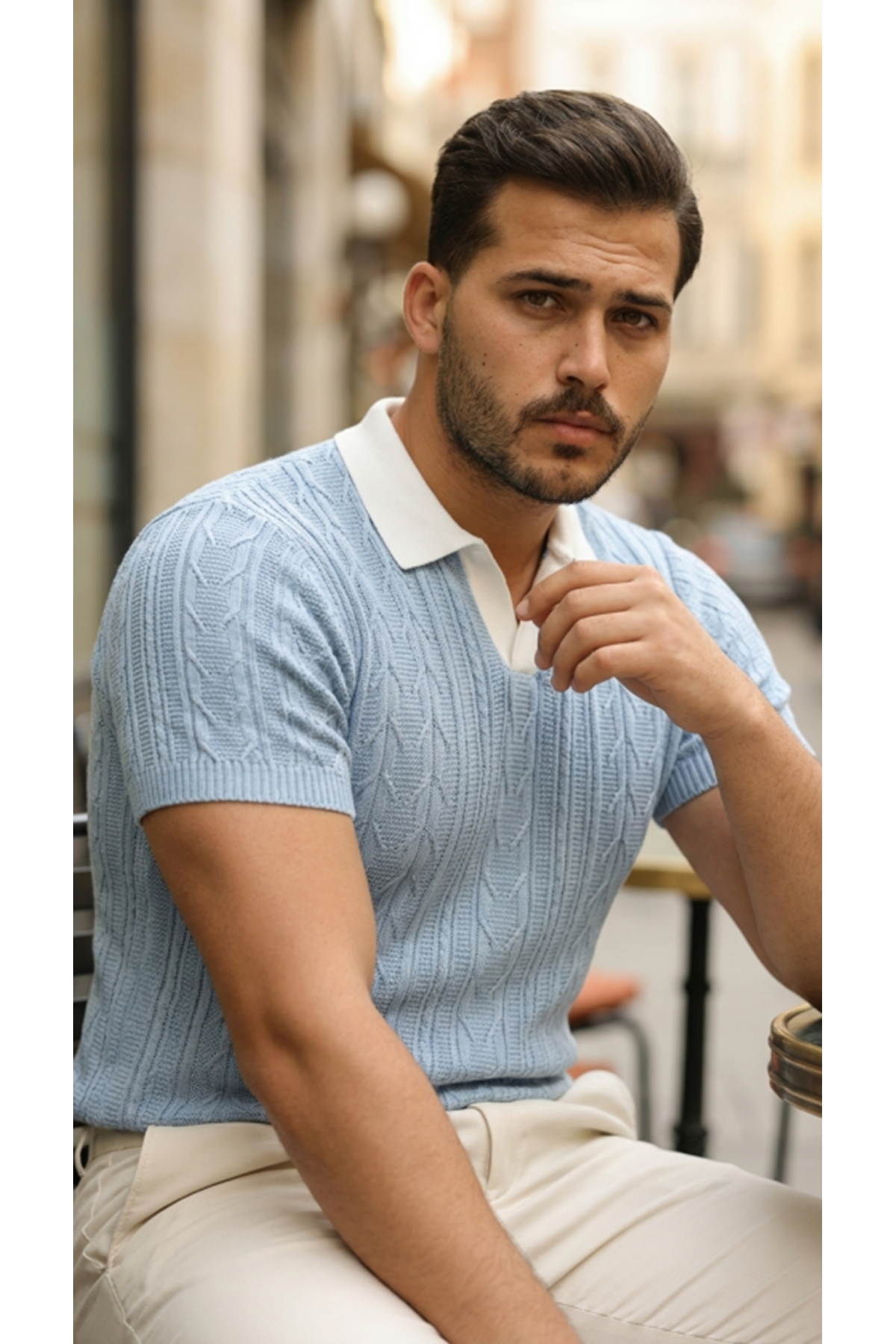 Erkek Desenli Kısa Kollu Triko Tişört - %100 Pamuk Akrilik