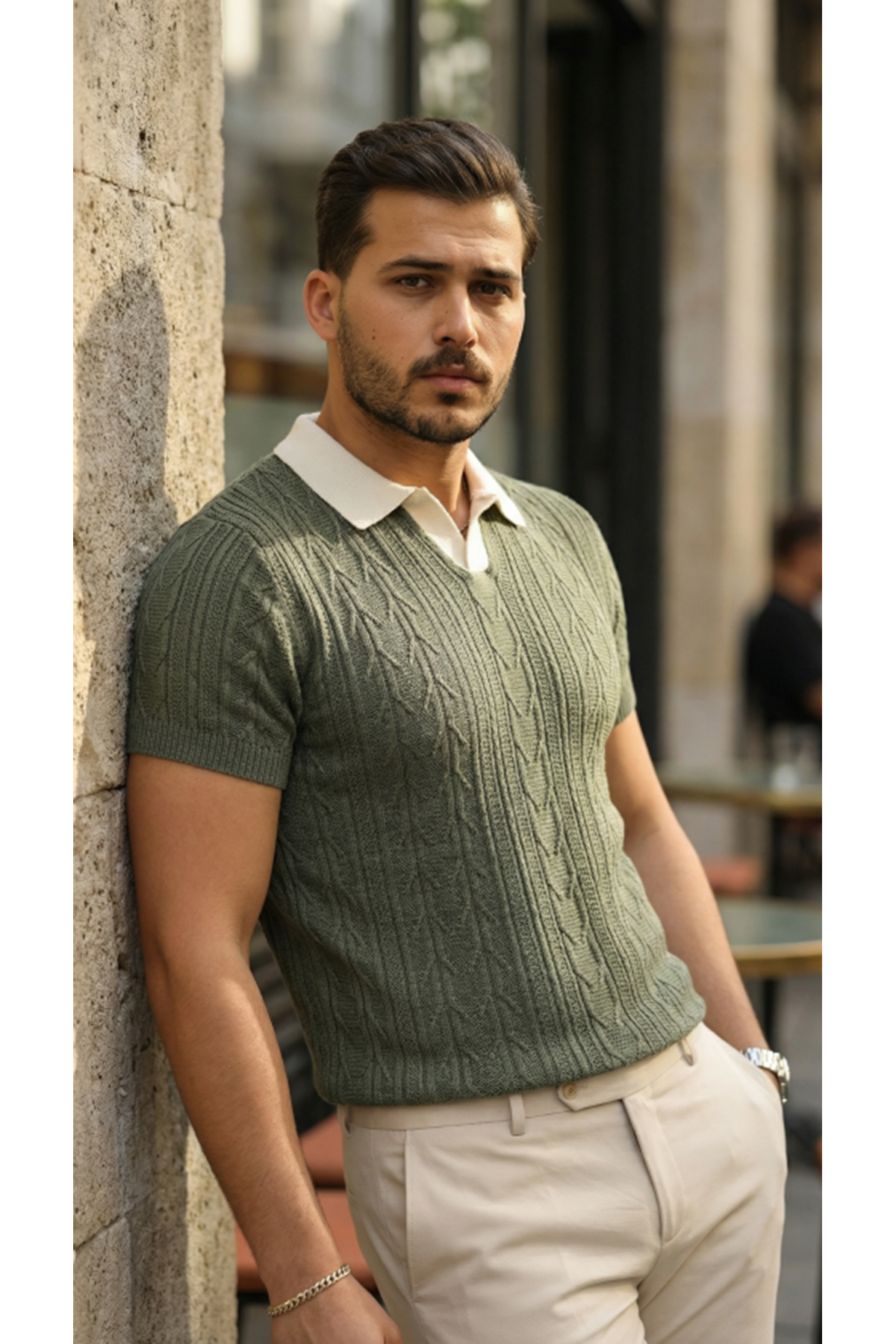 Erkek Desenli Kısa Kollu Triko Tişört - %100 Pamuk Akrilik