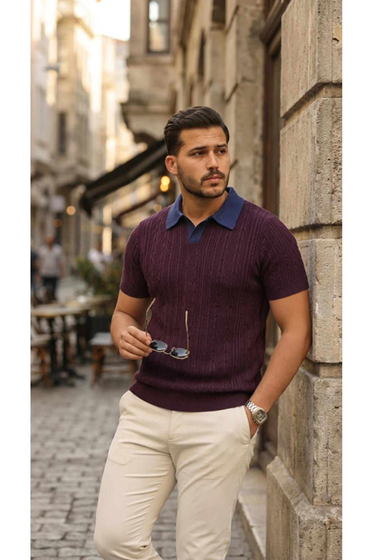 Erkek Desenli Kısa Kollu Triko Tişört - %100 Pamuk Akrilik