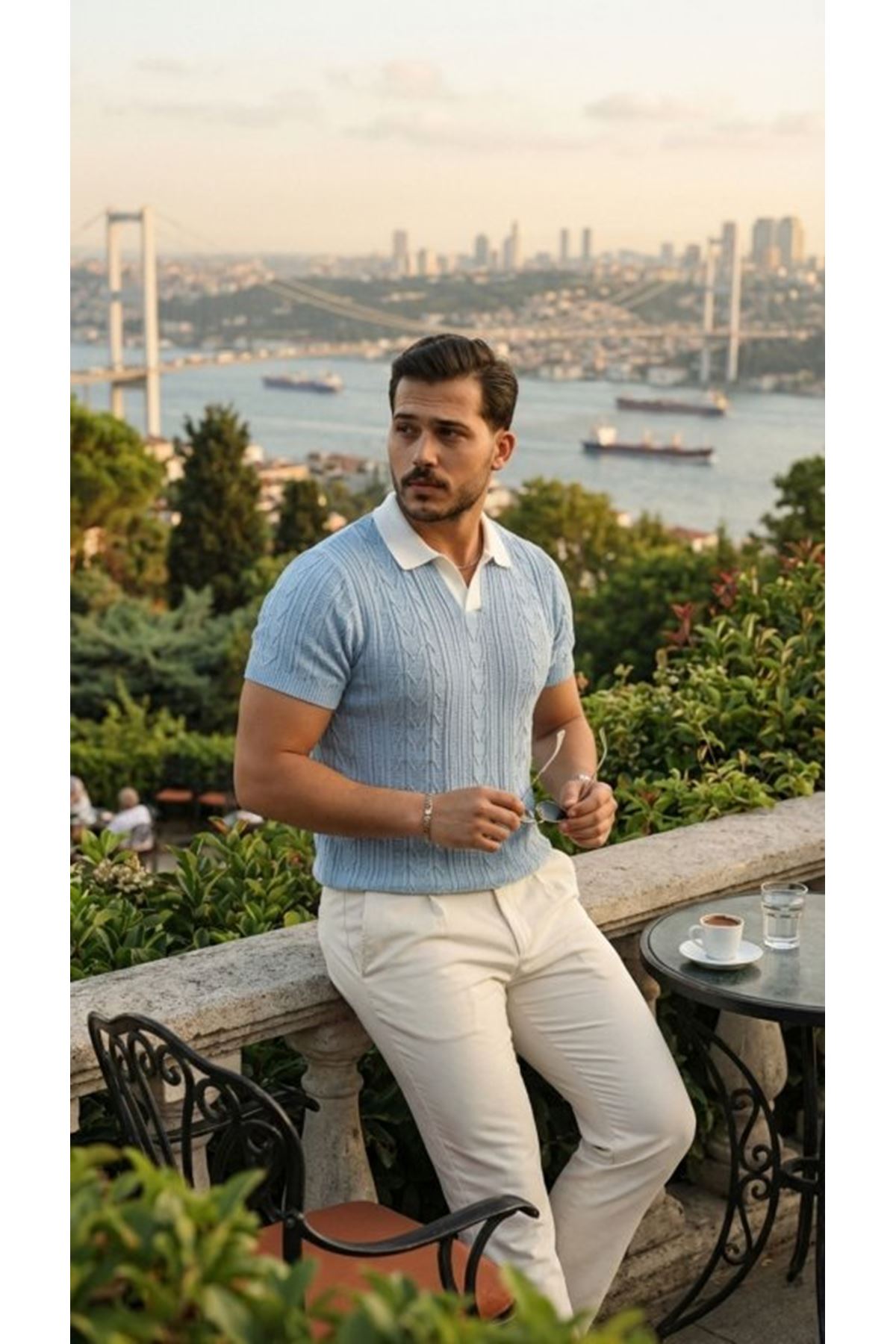 Erkek Desenli Kısa Kollu Triko Tişört - %100 Pamuk Akrilik