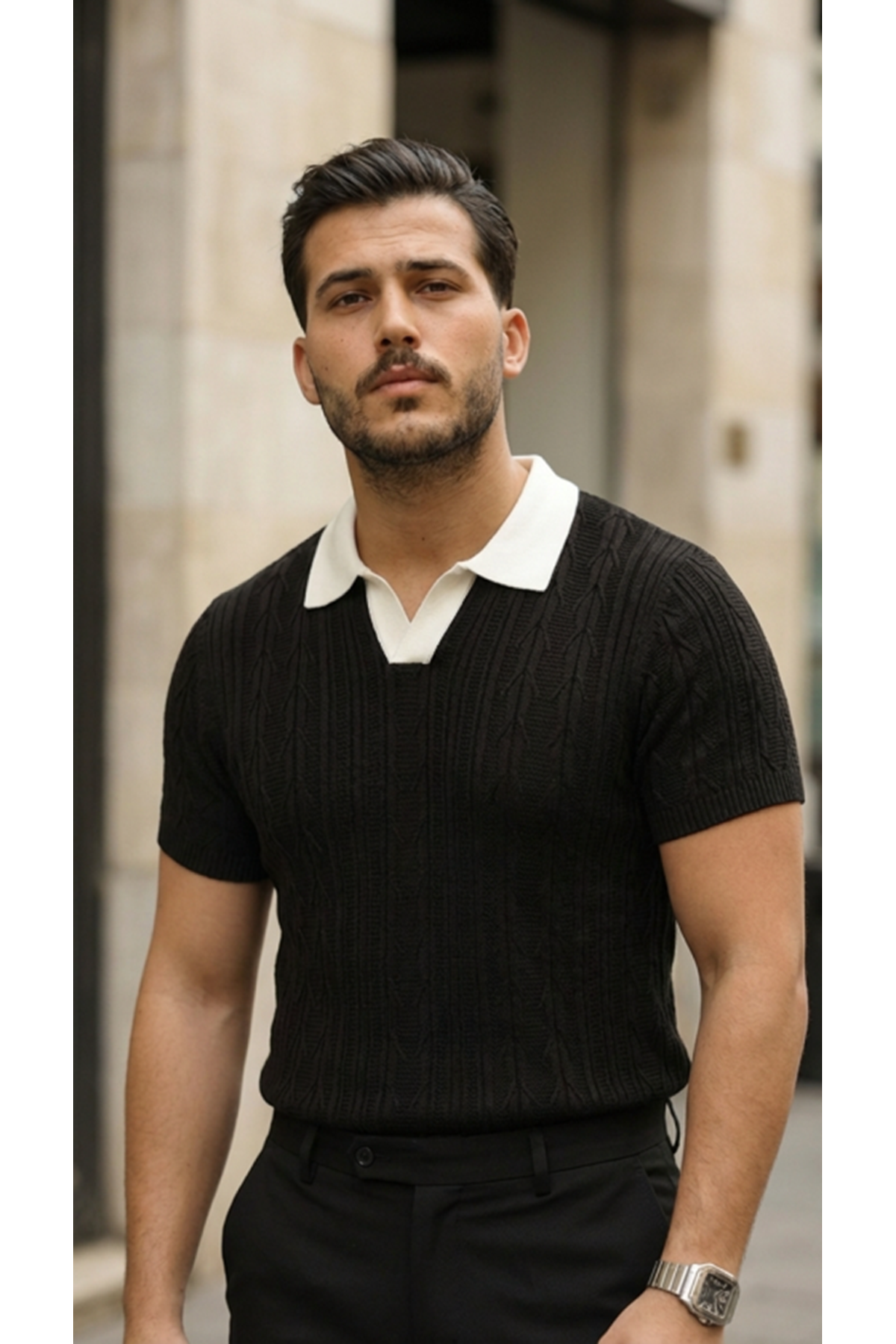 Erkek Desenli Kısa Kollu Triko Tişört - %100 Pamuk Akrilik