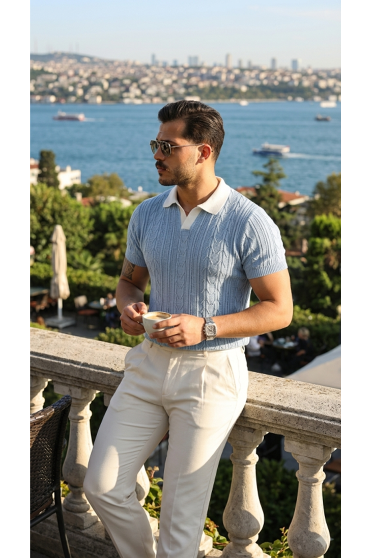 Erkek Desenli Kısa Kollu Triko Tişört - %100 Pamuk Akrilik