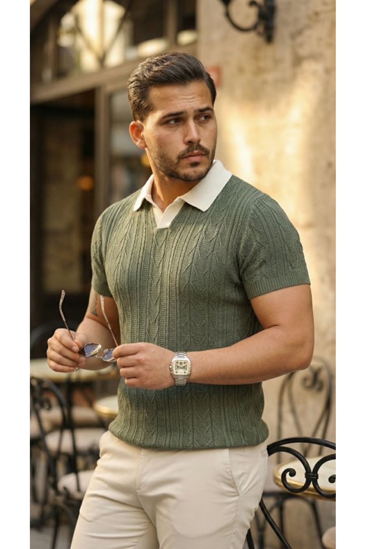 Erkek Desenli Kısa Kollu Triko Tişört - %100 Pamuk Akrilik