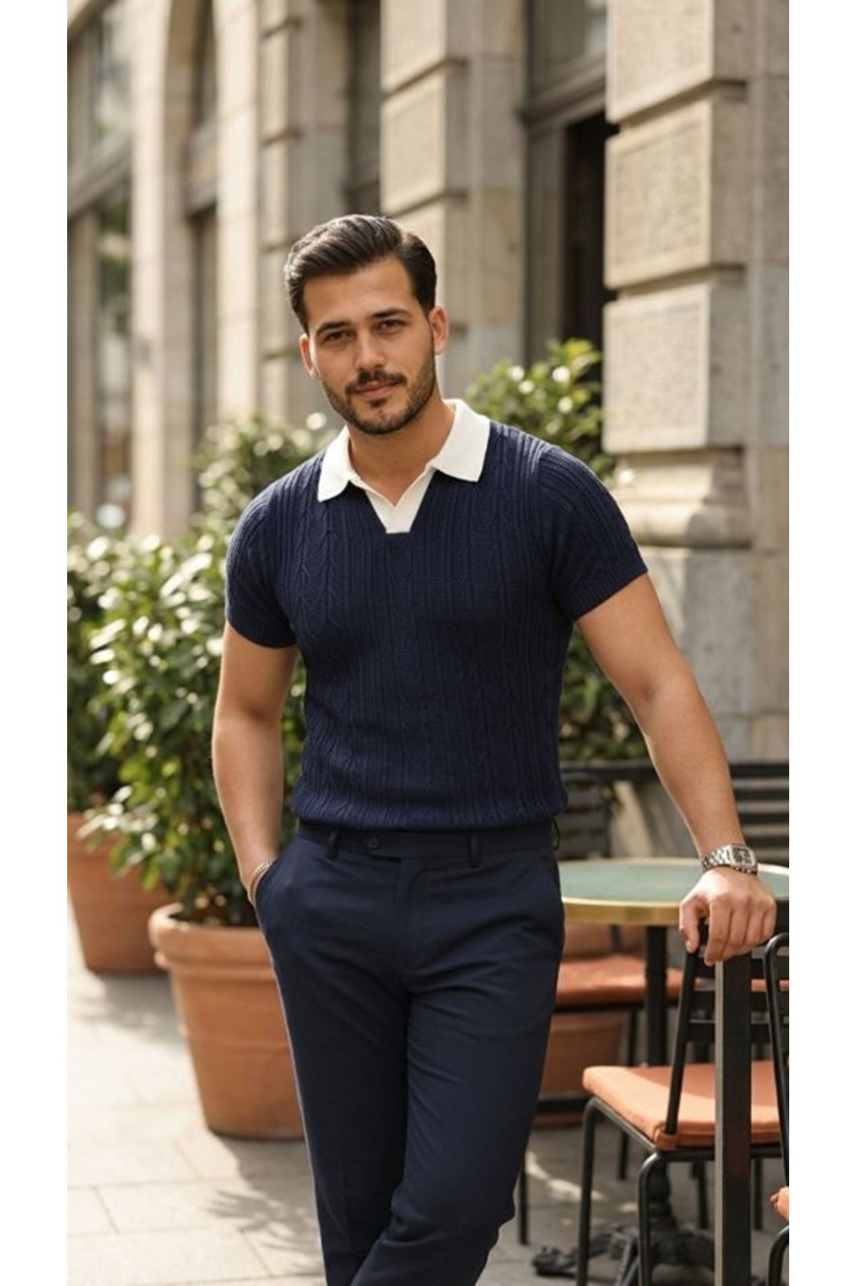 Erkek Desenli Kısa Kollu Triko Tişört - %100 Pamuk Akrilik