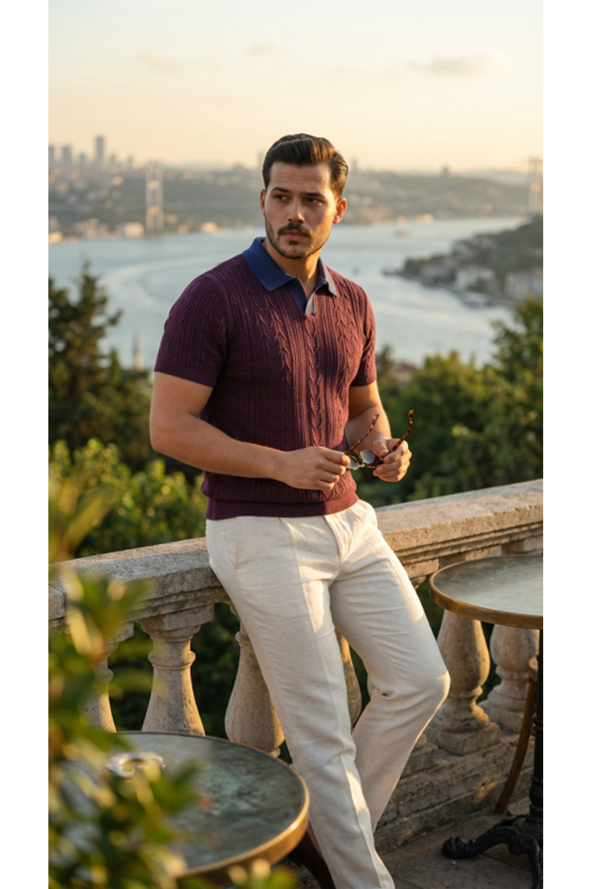 Erkek Desenli Kısa Kollu Triko Tişört - %100 Pamuk Akrilik