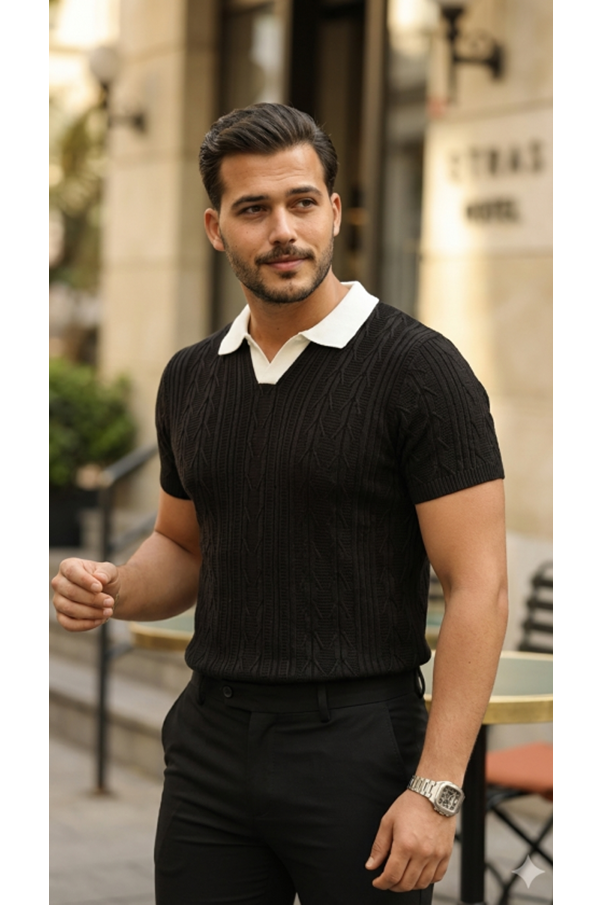 Erkek Desenli Kısa Kollu Triko Tişört - %100 Pamuk Akrilik