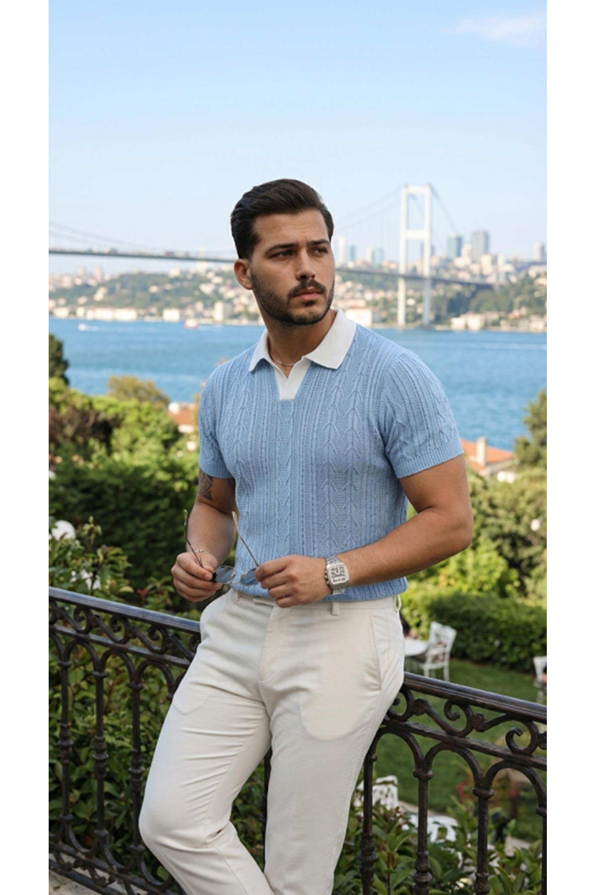 Erkek Desenli Kısa Kollu Triko Tişört - %100 Pamuk Akrilik